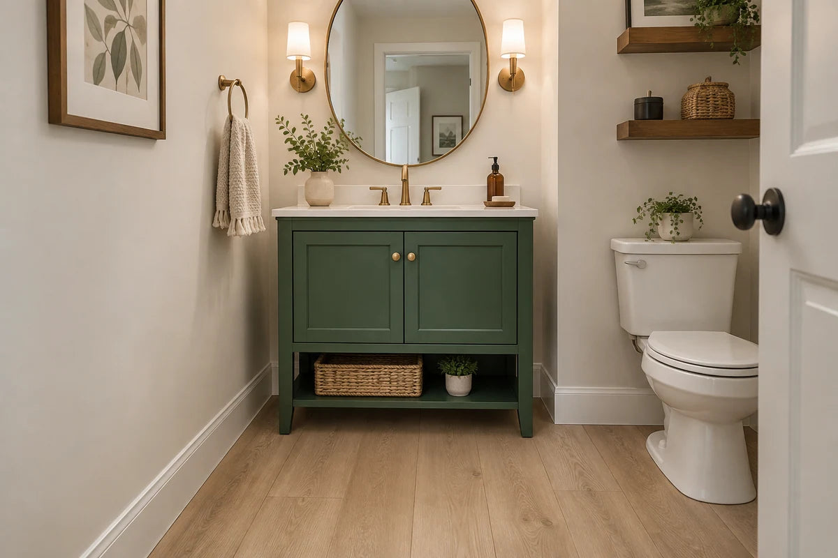 Oak-look vinyl flooring in a powder room with a freestanding green vanity.