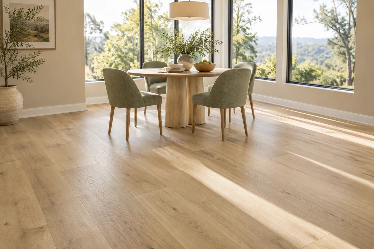 Wide blonde vinyl flooring in a sunny dining room with sage chairs.