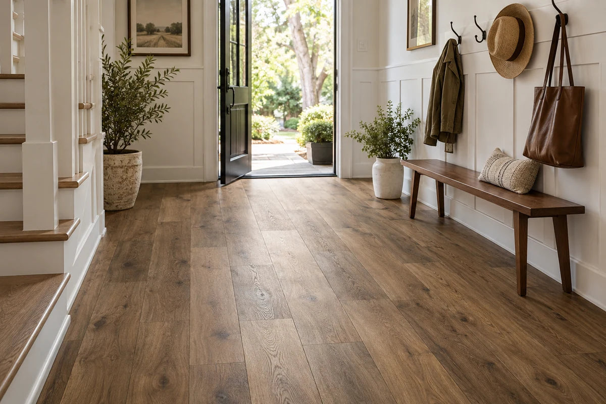 High-variation brown vinyl flooring in an entry hall with a narrow bench.