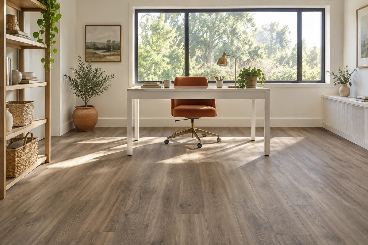 Gray-brown vinyl flooring in a home office with a rust-colored chair.