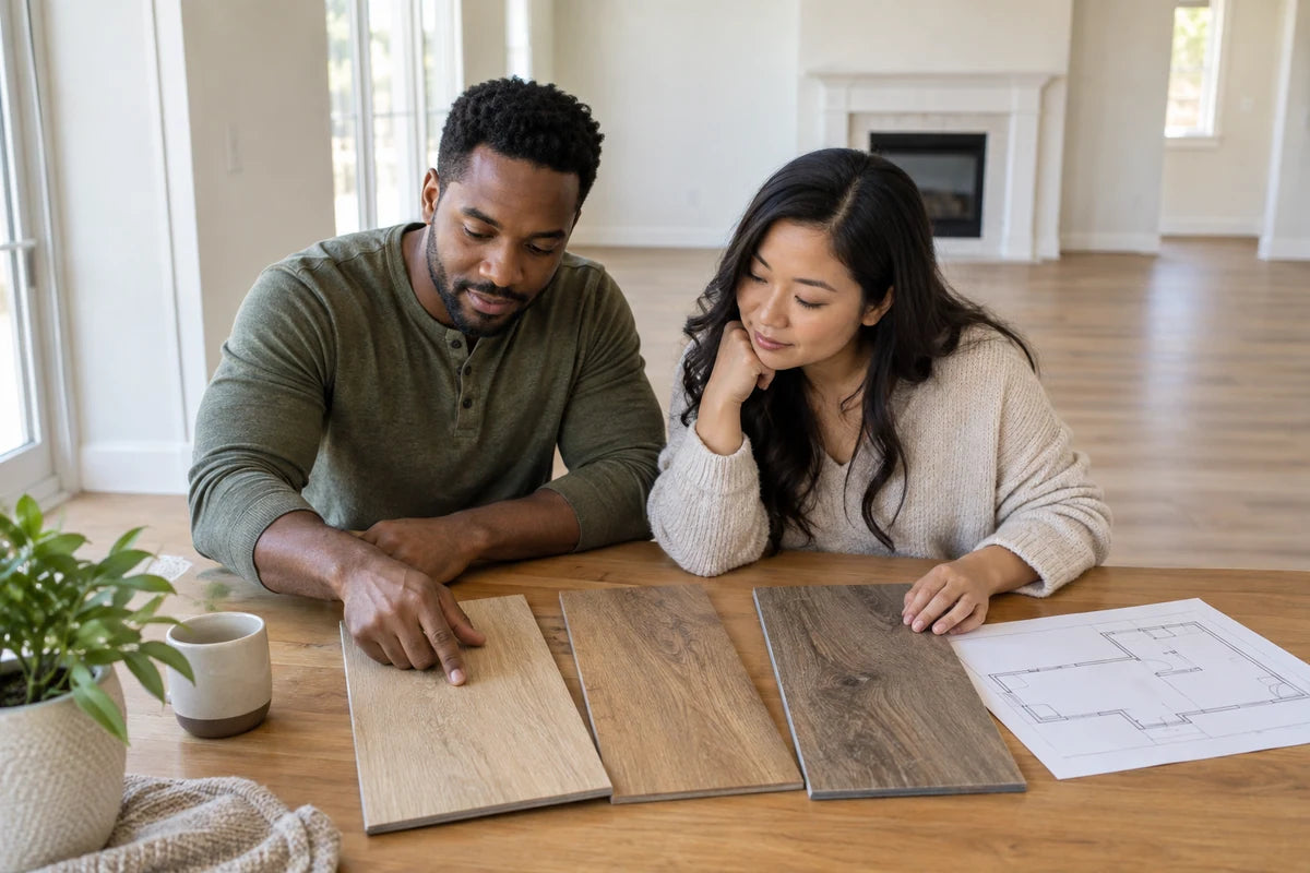 Two homeowners comparing vinyl flooring samples and a room plan.