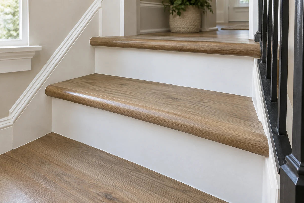 Oak-look stair treads with matching rounded nosings and white risers.