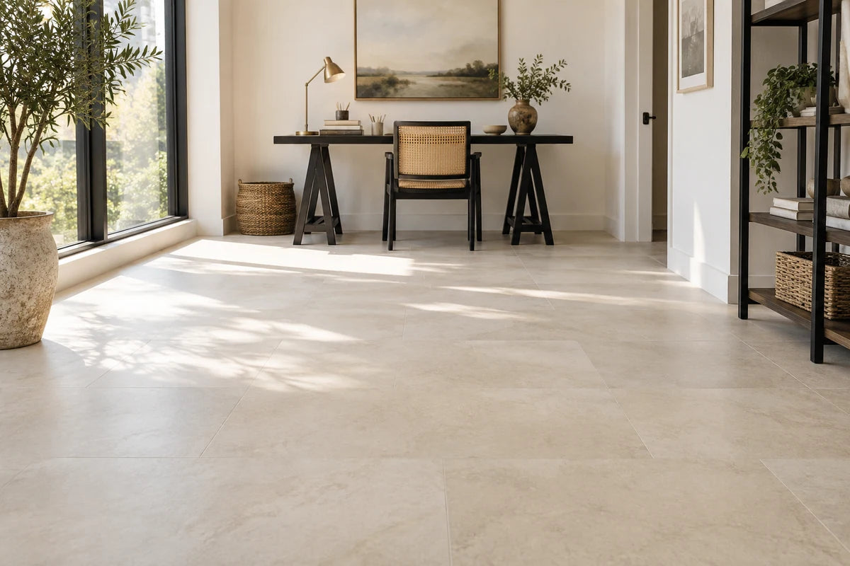 Ivory limestone-look vinyl tile in a bright home office.