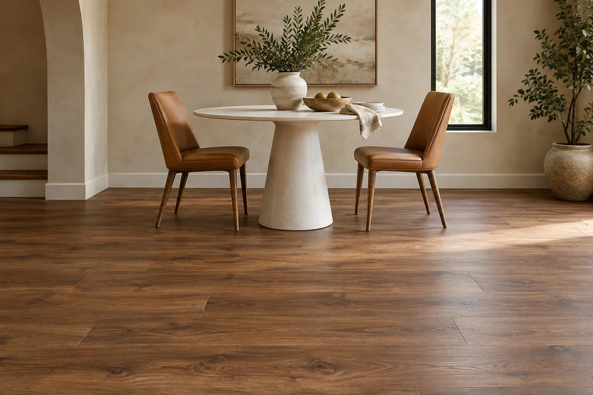 Walnut-look vinyl flooring beneath a white dining table and tan chairs.
