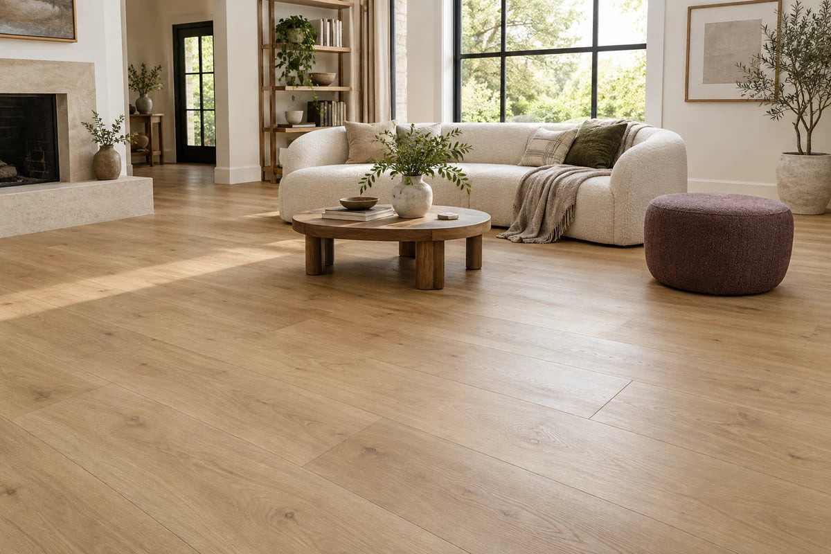 Extra-wide blonde oak-look vinyl planks in a living room with a curved sofa.