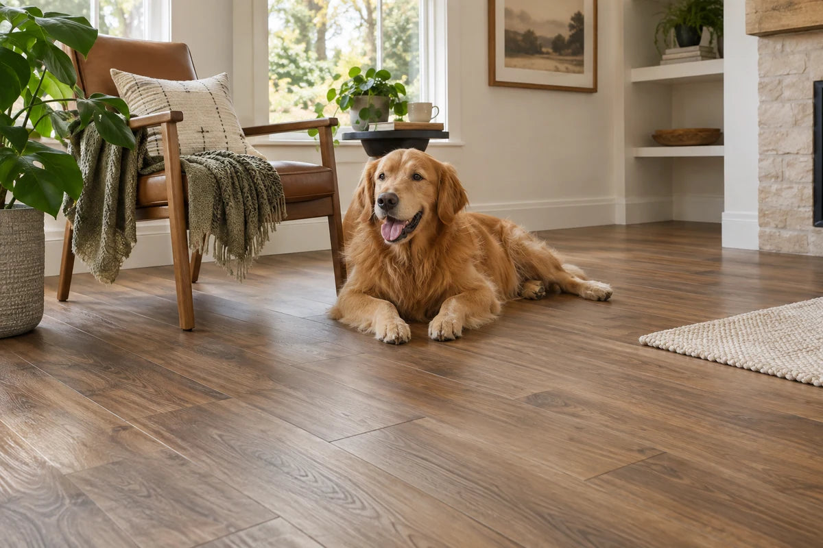 Walnut-look vinyl flooring in a sunlit living room with a relaxed dog.