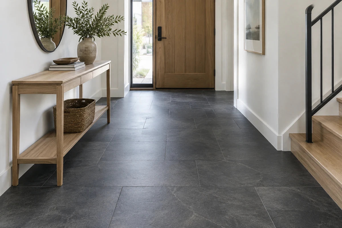 Charcoal slate-look vinyl tile in a light entryway with a slim console.
