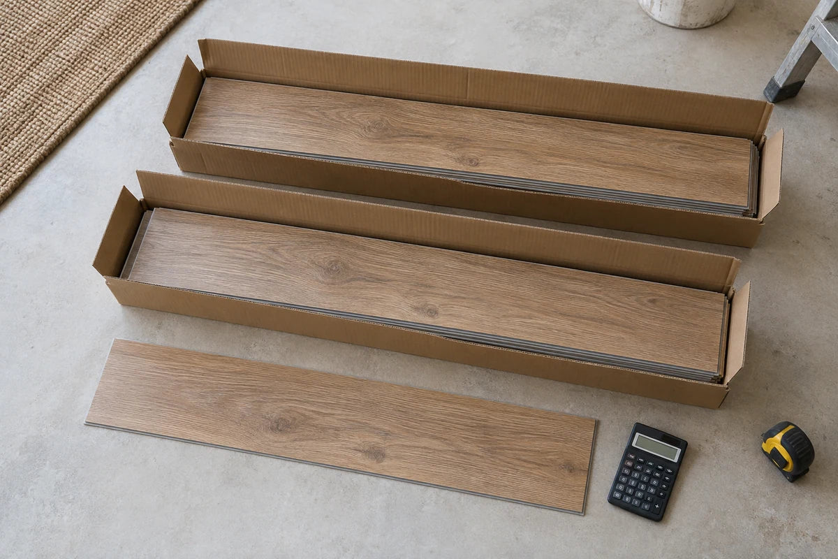 Open flooring cartons containing oak-look vinyl planks beside a calculator.