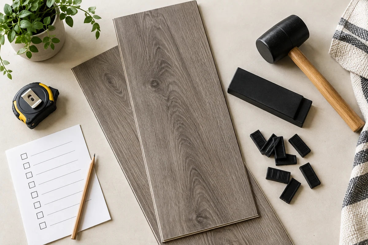 Vinyl samples, installation tools and a project checklist on a workbench.