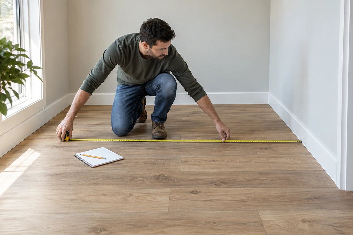 A homeowner measuring floor space with a tape measure.