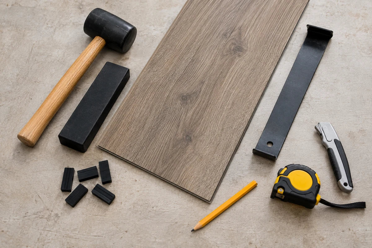 A vinyl installation toolkit with mallet, tapping block, pull bar and spacers.