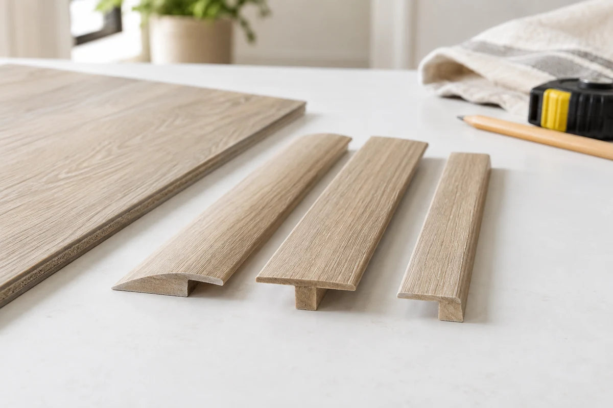 Matching reducer, T-molding and end-cap samples beside vinyl flooring.