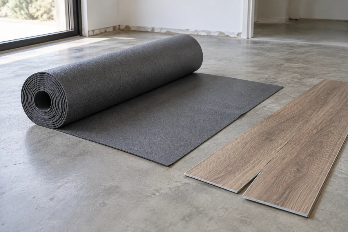 A roll of underlayment beside vinyl planks on a clean concrete subfloor.