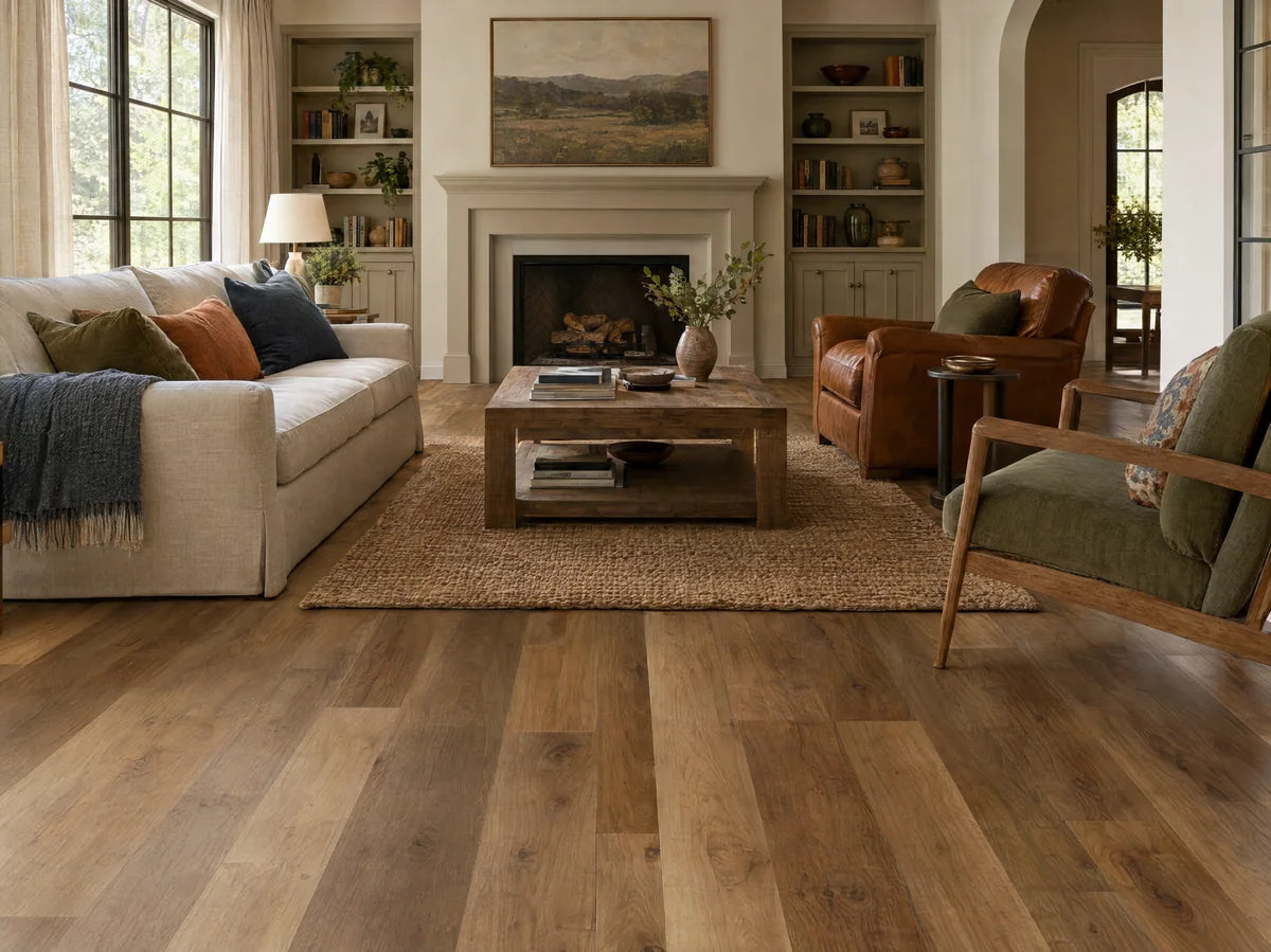High-variation brown oak-look luxury vinyl plank flooring with a tasteful range of medium wood tones in an eclectic family room, consistent plank geometry.