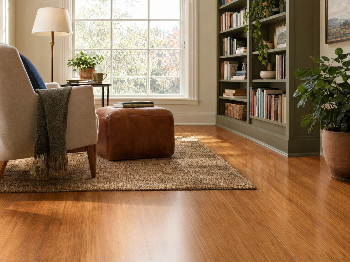 Warm caramel strand-woven bamboo floor in a simple sunlit reading room, narrow dense linear grain distinct from oak, pale chair at edge.