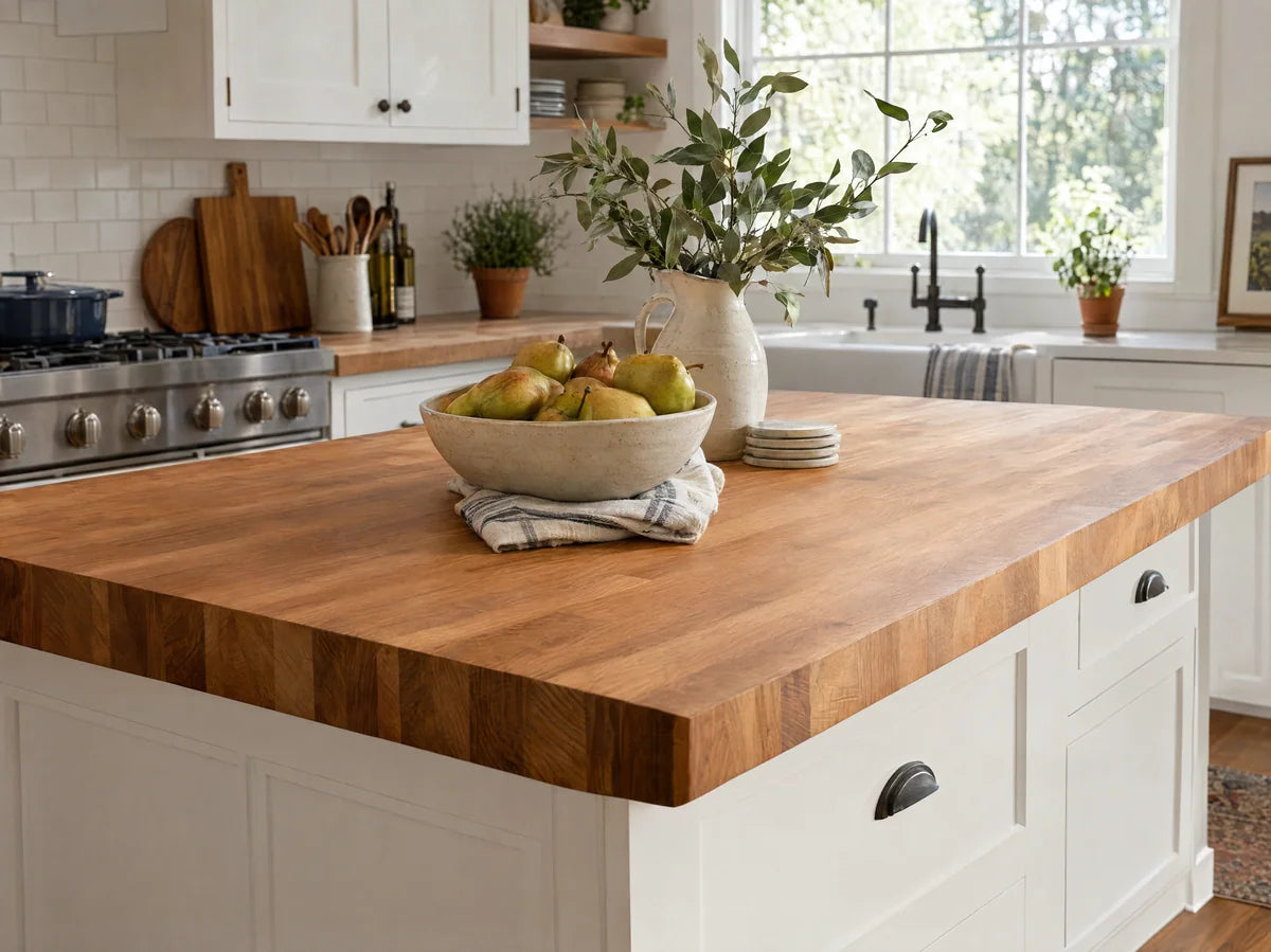 Detailed photograph of a thick butcher-block oak kitchen countertop with accurate endgrain edge, white cabinetry, bowl of pears, daylight, wood surface prominently framed.