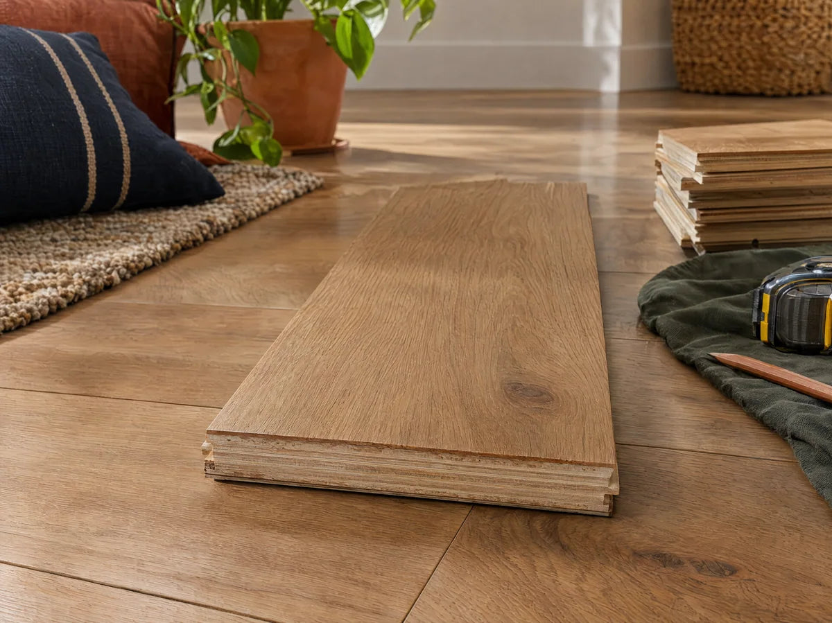 Close editorial still life of an engineered oak flooring plank resting on installed matching boards, exposed clean plywood layers at the short edge beneath a real oak veneer, believable construction, shallow side light.