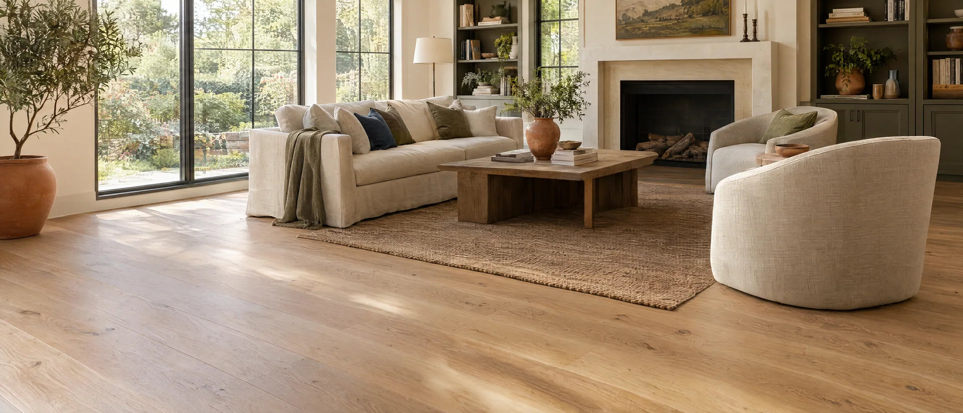 Warm white-oak wide-plank hardwood throughout a sunlit American living room, sculptural linen seating, terracotta ceramic accents, mature garden outside, authentic grain with naturally varied long boards
