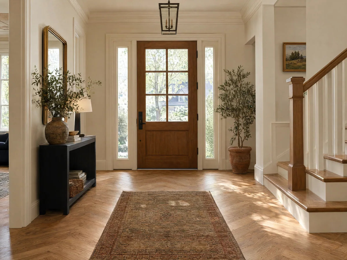 White-oak hardwood floor laid in a meticulous herringbone pattern in a sunlit European-influenced American entry, black console edge, wood dominates.