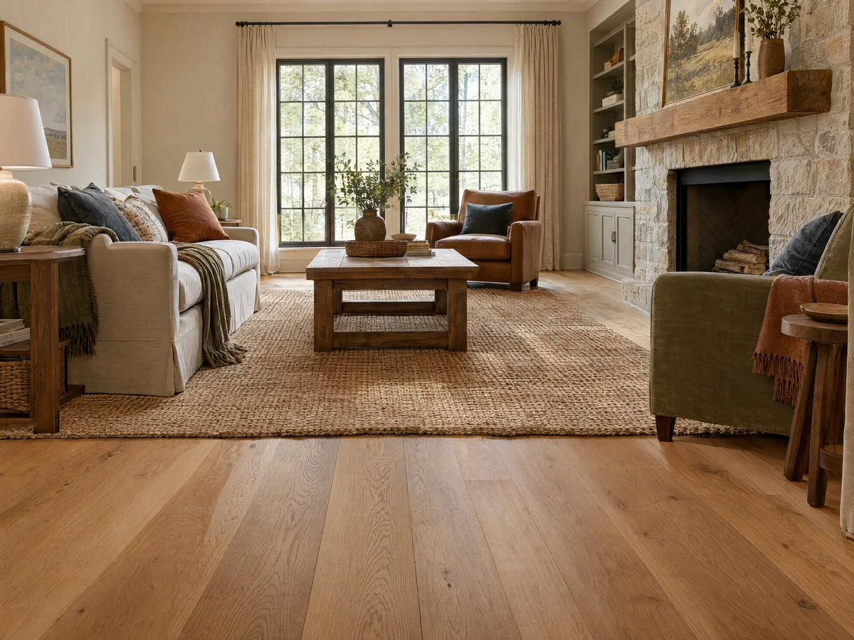 Beautiful oak hardwood boards with recognizable open grain and subtle ray flecks, installed floor detail in natural honey tones, clean daylight.
