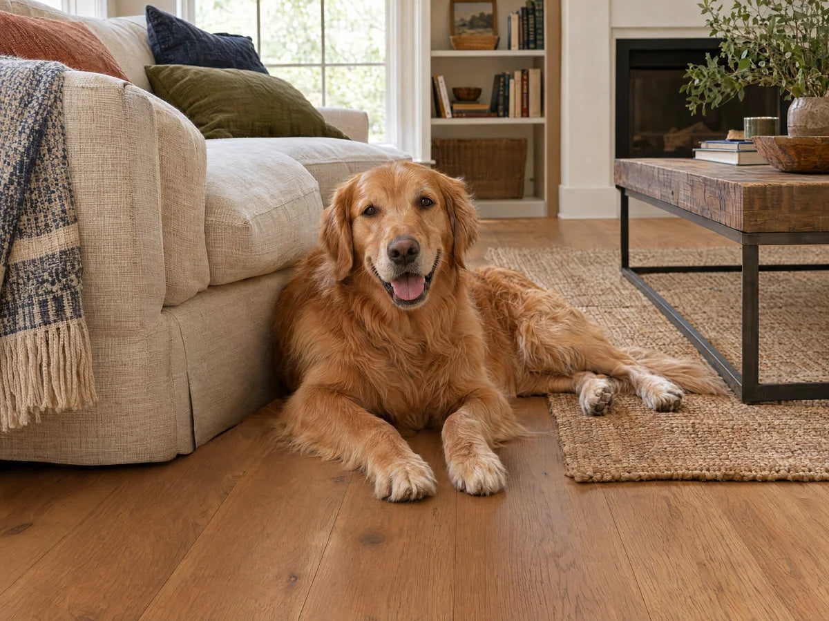 A relaxed golden retriever lying beside a linen sofa on warm oak flooring, focus sharply on clean woodgrain floor and paws, appealing lived-in home, no performance claim text.