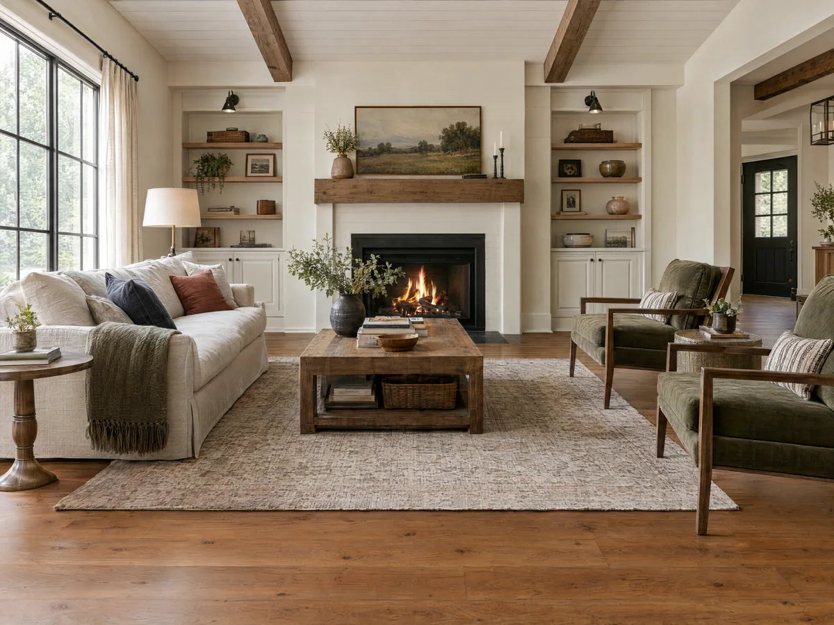 Character-grade oak floor with authentic small knots and warm brown tonal variation in a modern farmhouse living room, refined not distressed, natural light.