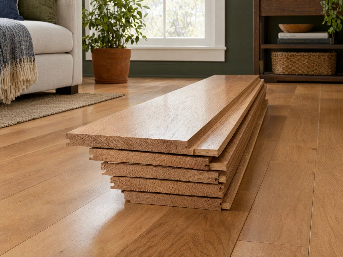 Close photograph of solid oak tongue-and-groove hardwood boards with visible uniform solid wood endgrain and clean milled joints, installed wood floor backdrop.