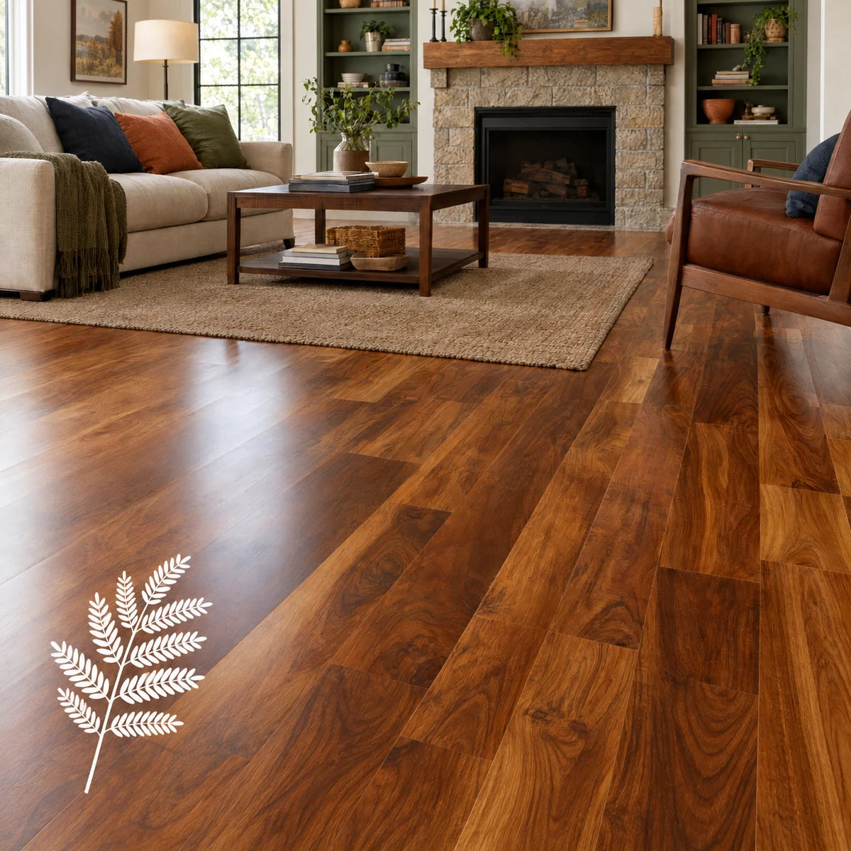 Acacia hardwood flooring with a white acacia leaf silhouette.
