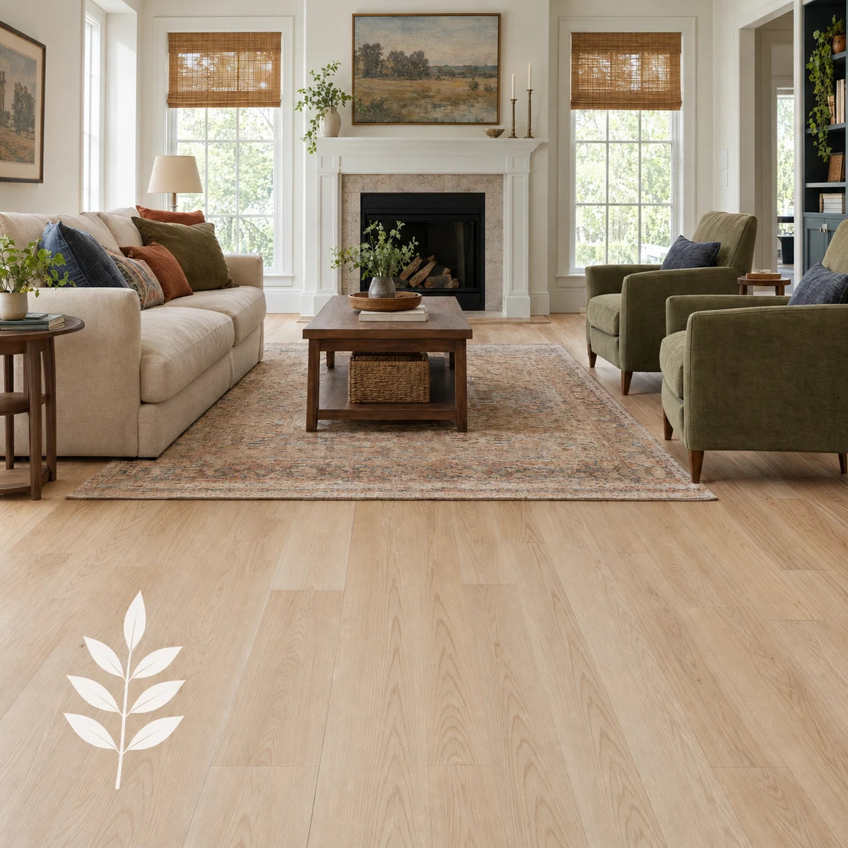 Ash hardwood flooring with a white ash leaf silhouette.