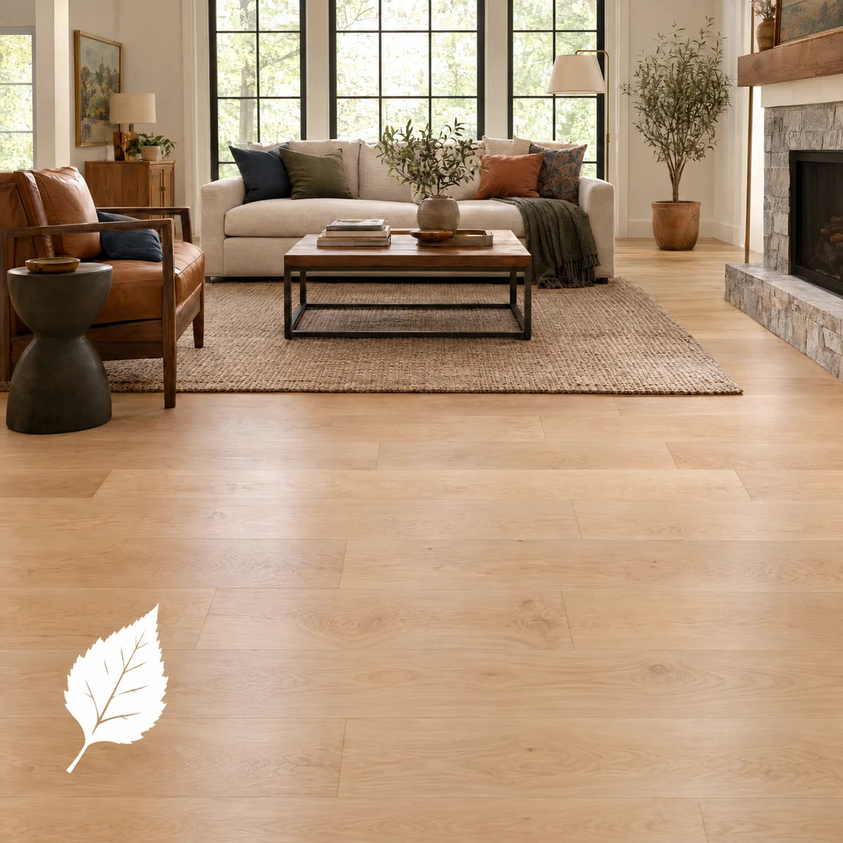 Birch hardwood flooring with a white birch leaf silhouette.