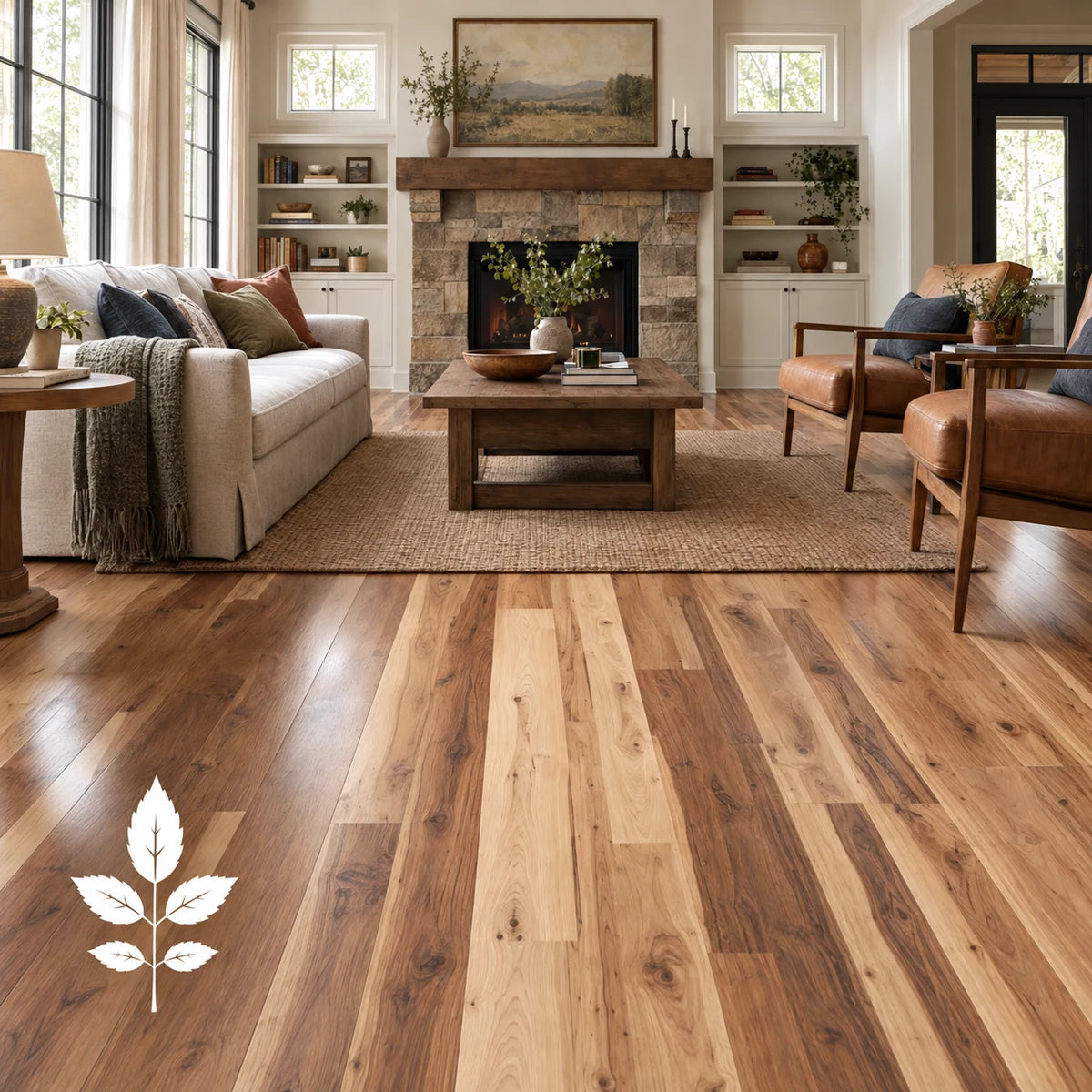 Hickory hardwood flooring with a white hickory leaf silhouette.