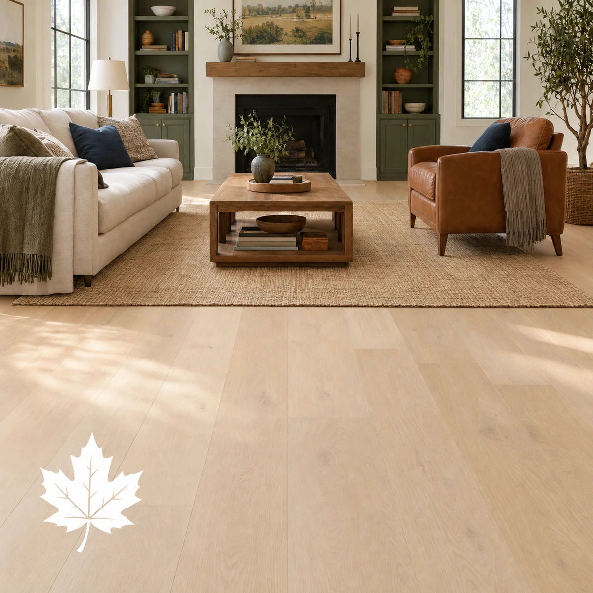 Maple hardwood flooring with a white maple leaf silhouette.