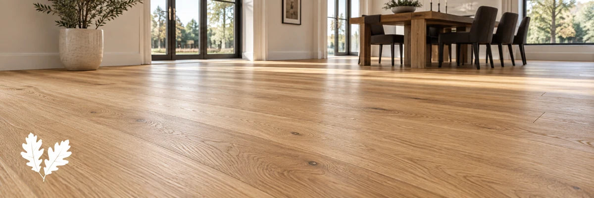 Oak hardwood flooring with a white oak leaf silhouette.