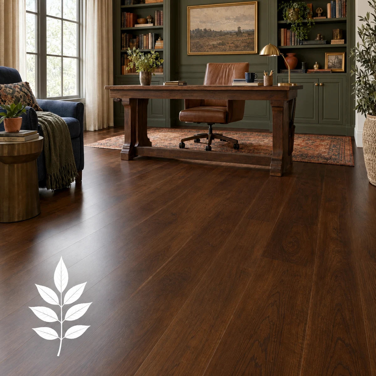 Walnut hardwood flooring with a white walnut leaf silhouette.