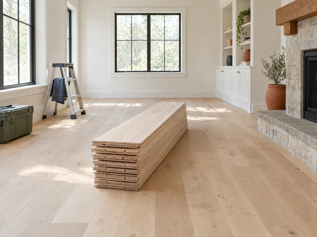 Unfinished pale raw oak floor boards with natural matte grain, one neatly stacked bundle in a bright clean renovation room, no finishing stains or packaging.