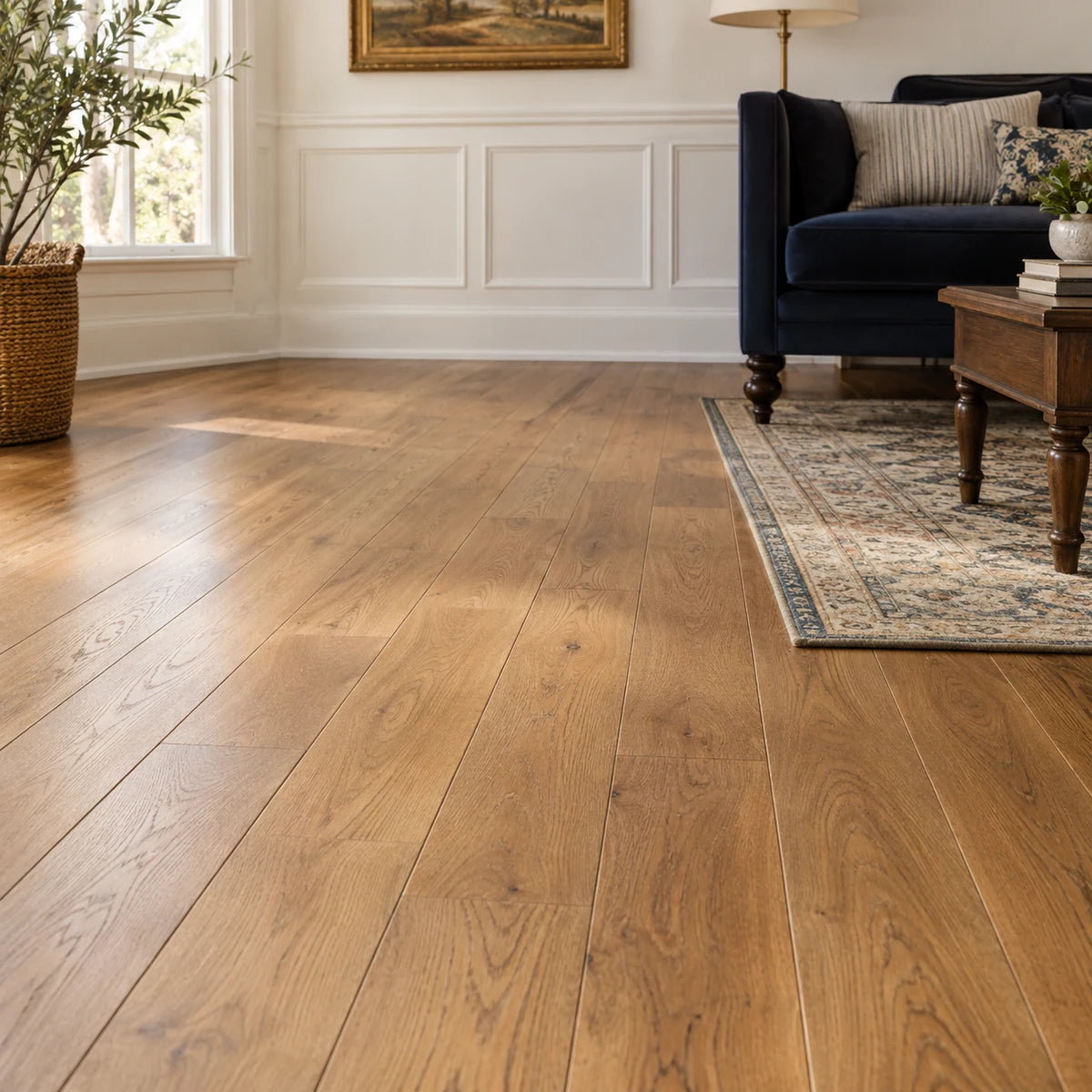 Golden hardwood flooring in a traditional sitting room with navy seating.
