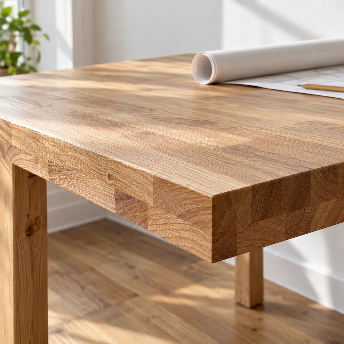 Butcher-block wood worktop with a rolled project plan.