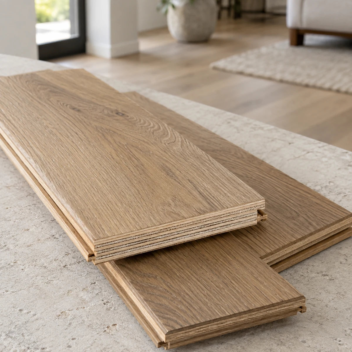 Engineered oak flooring samples showing their layered plywood construction.