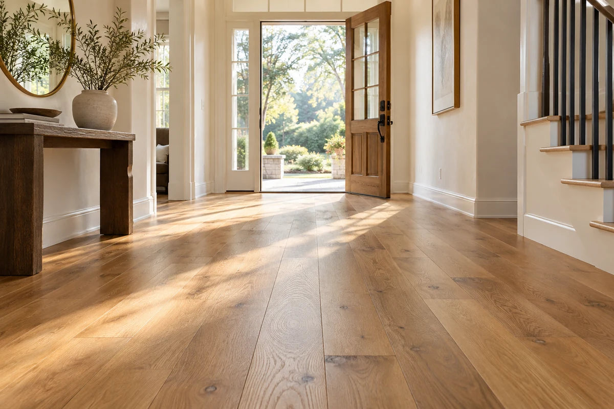 Sunlit oak flooring in an entry hall with an open front door.