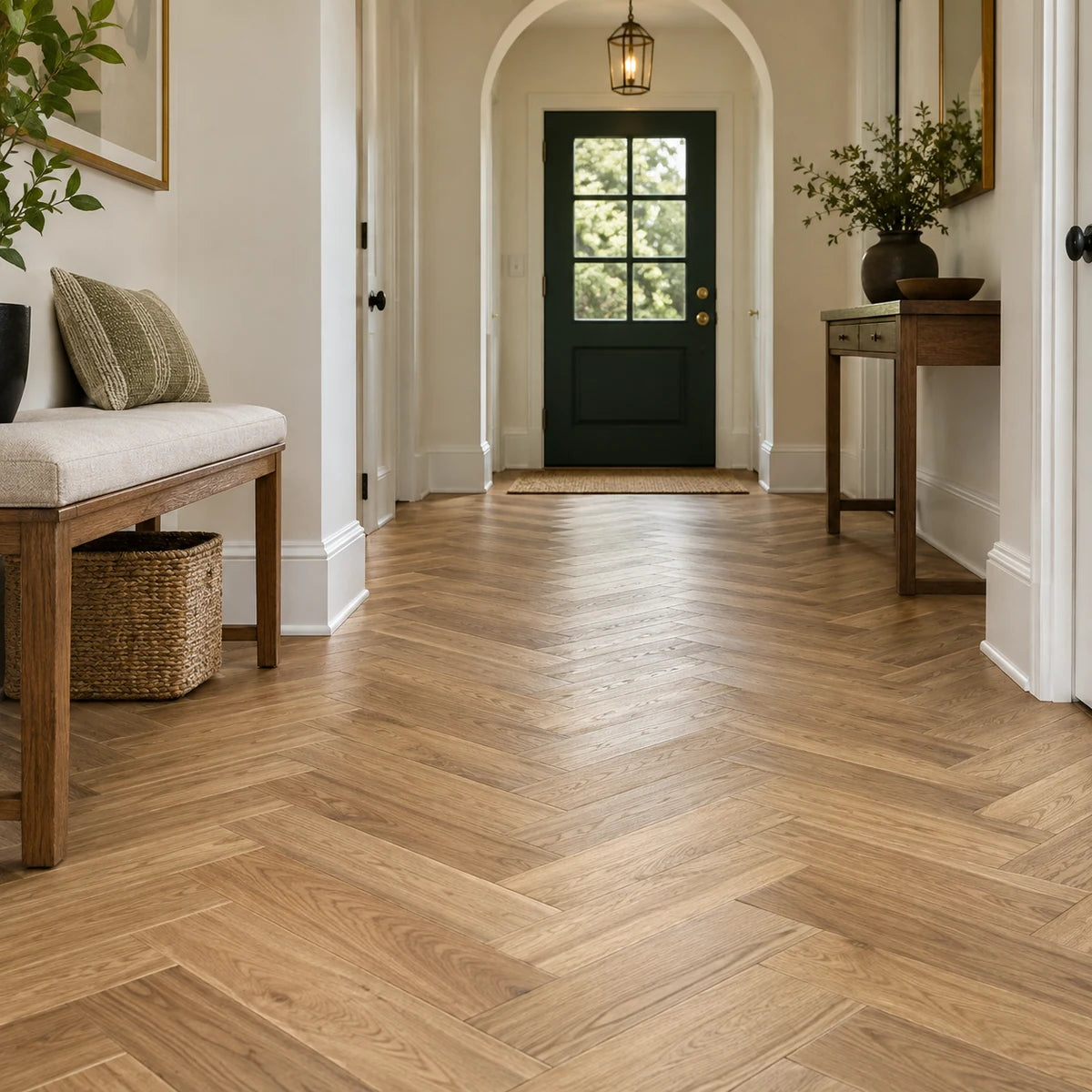 Patterned oak parquet in an entry hall with a dark green door.