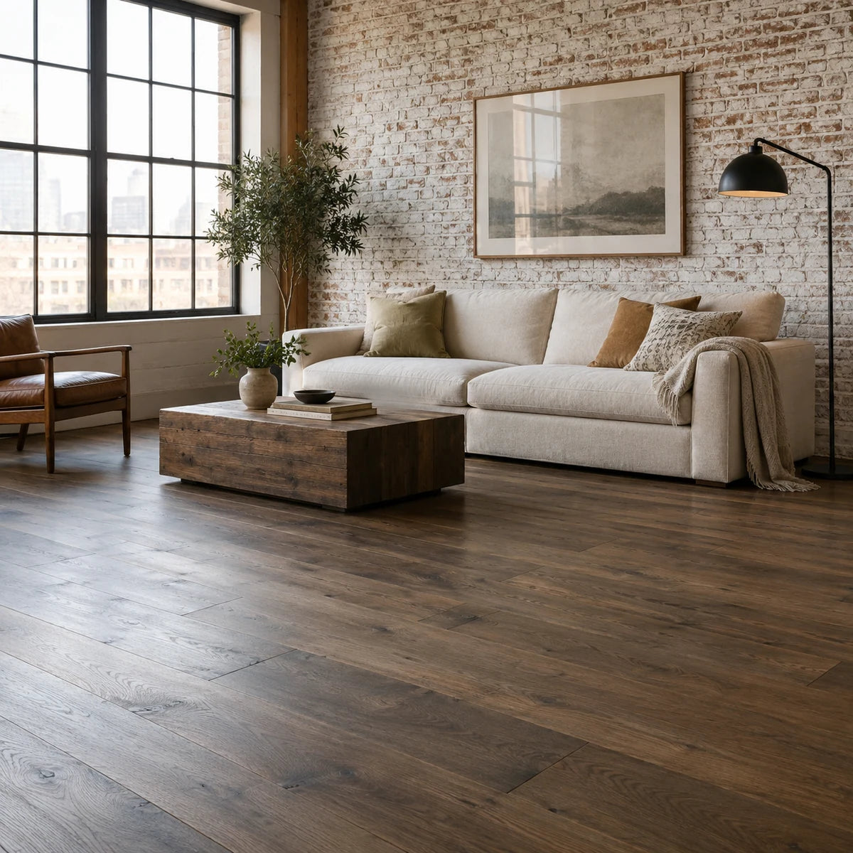 Wide smoked oak flooring in a loft living room with whitewashed brick.