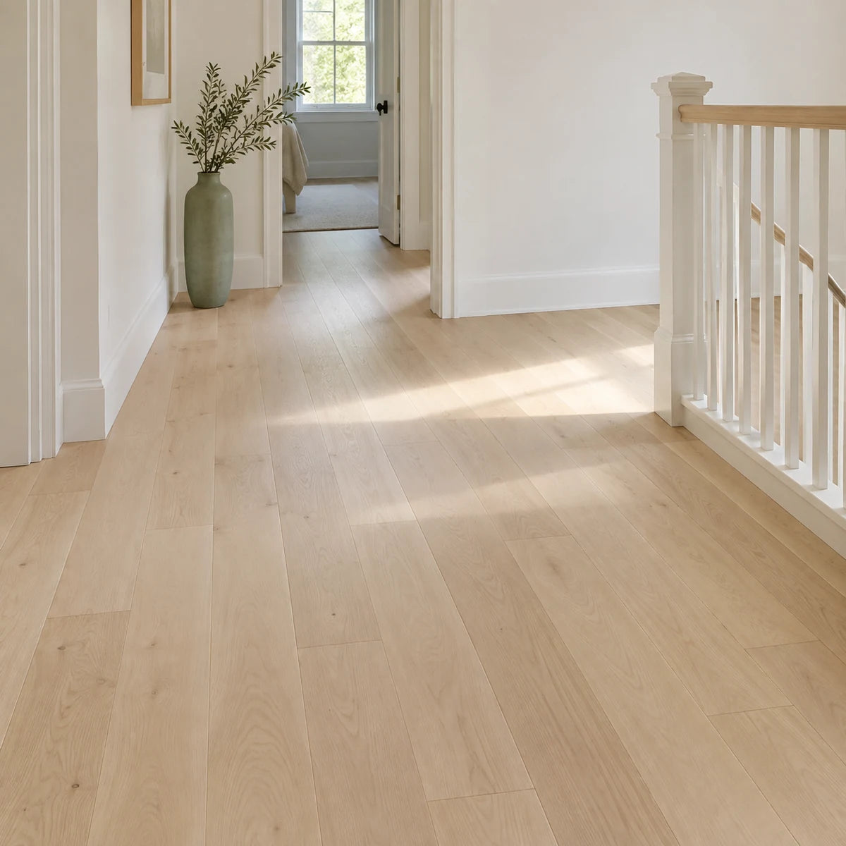 Pale wood flooring on an upstairs landing with a white balustrade.