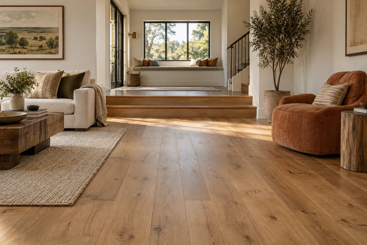 Natural oak flooring connecting a living room and raised window-seat nook.