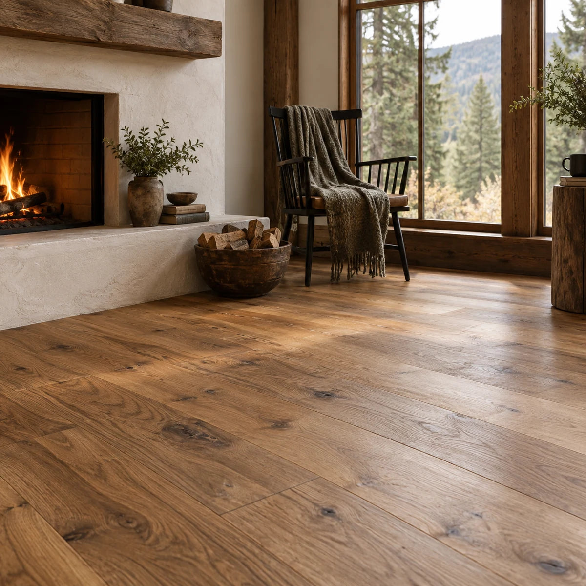 Rustic oak flooring beside a cabin fireplace and reading chair.