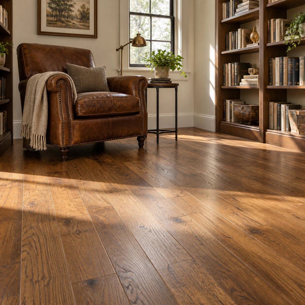 Warm brown hardwood flooring in a home study with a leather reading chair.