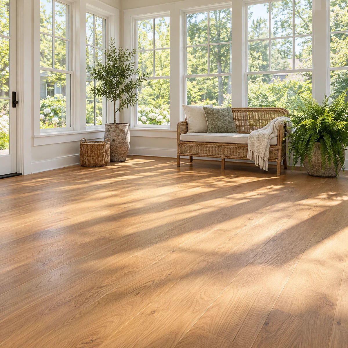 Honey oak flooring in a bright sunroom with a rattan bench.