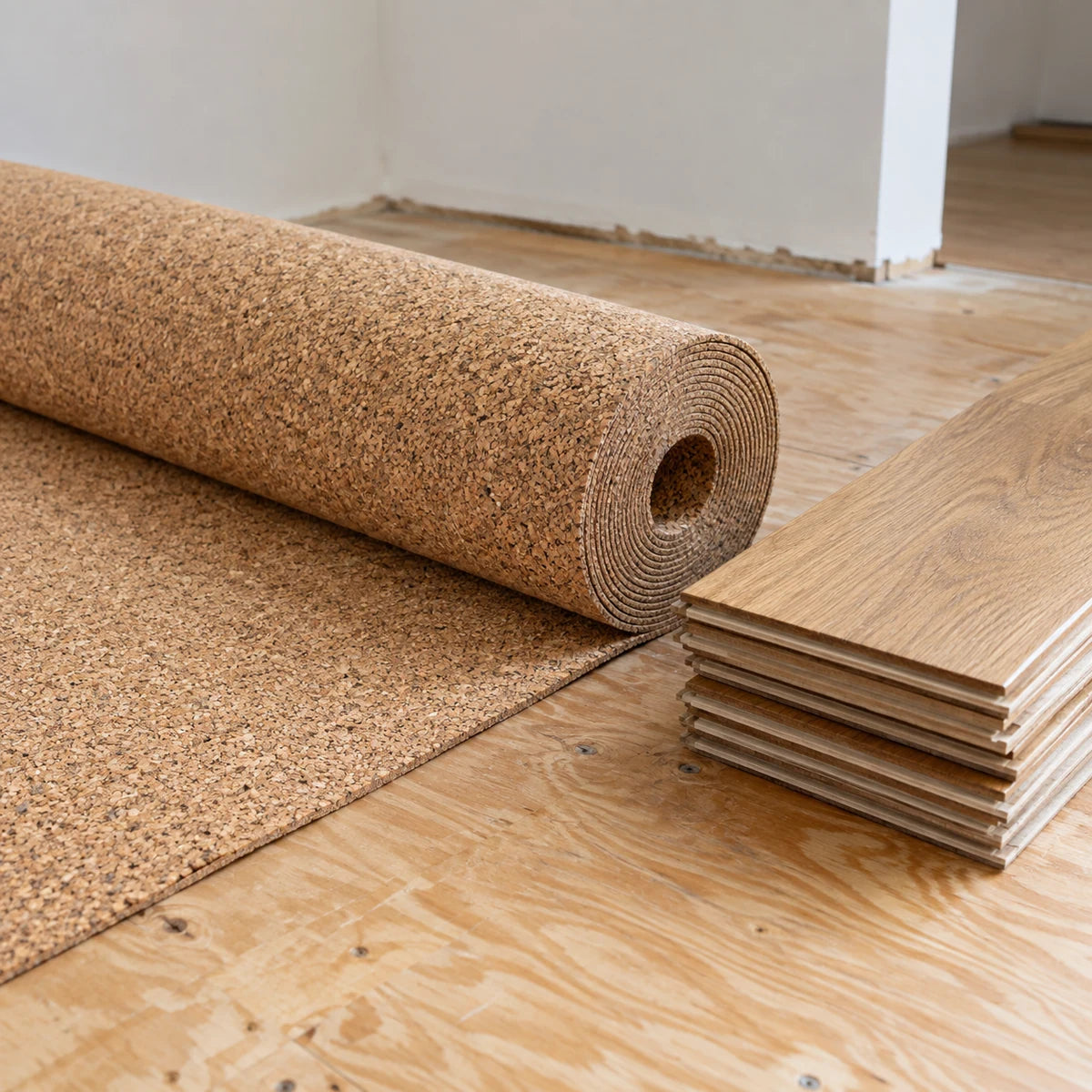 Cork underlayment and engineered wood planks on a plywood subfloor.