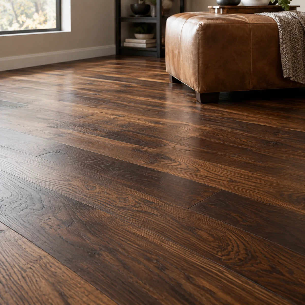 Warm brown hardwood grain beside a caramel leather ottoman.
