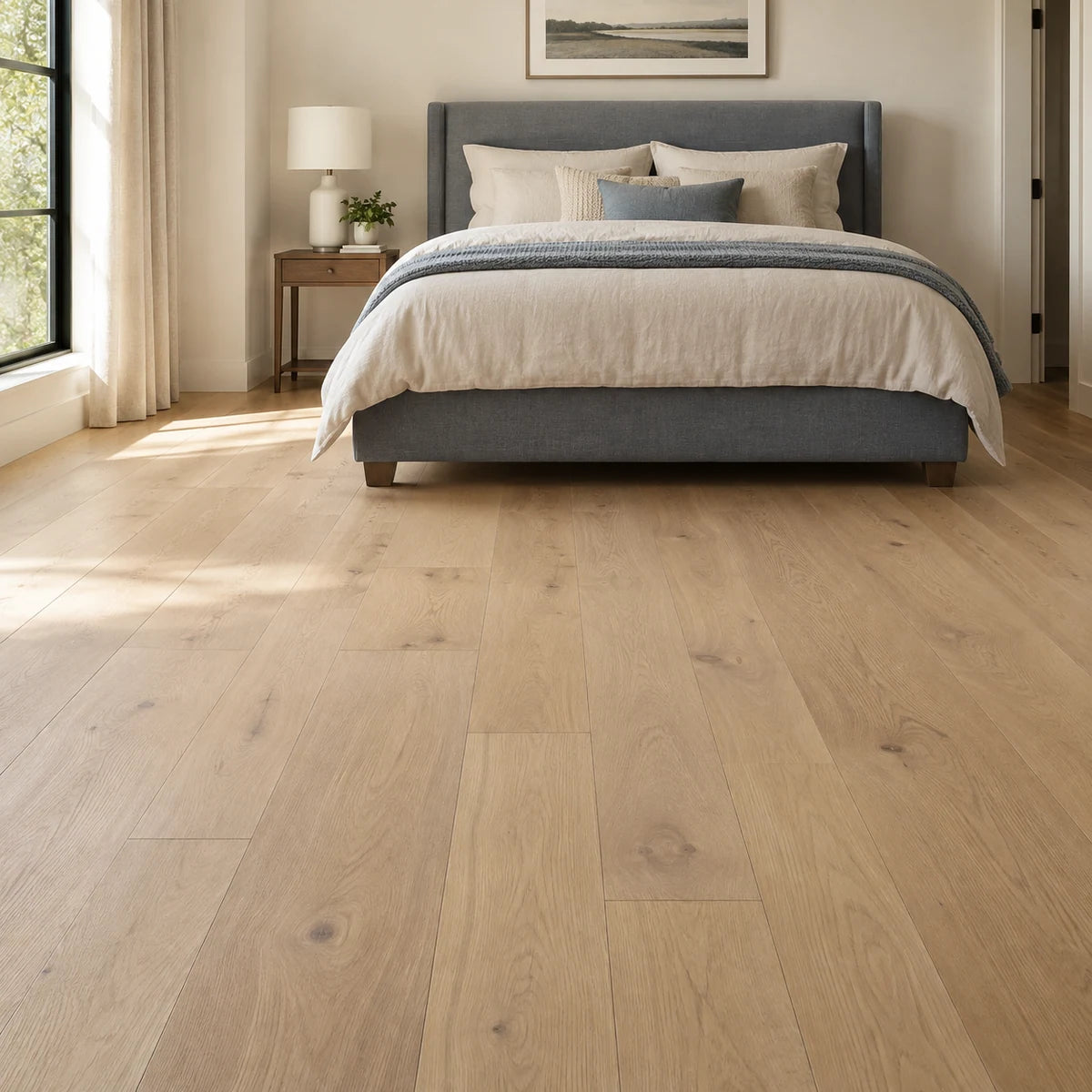 Wide pale oak planks in a bedroom with a blue-gray upholstered bed.