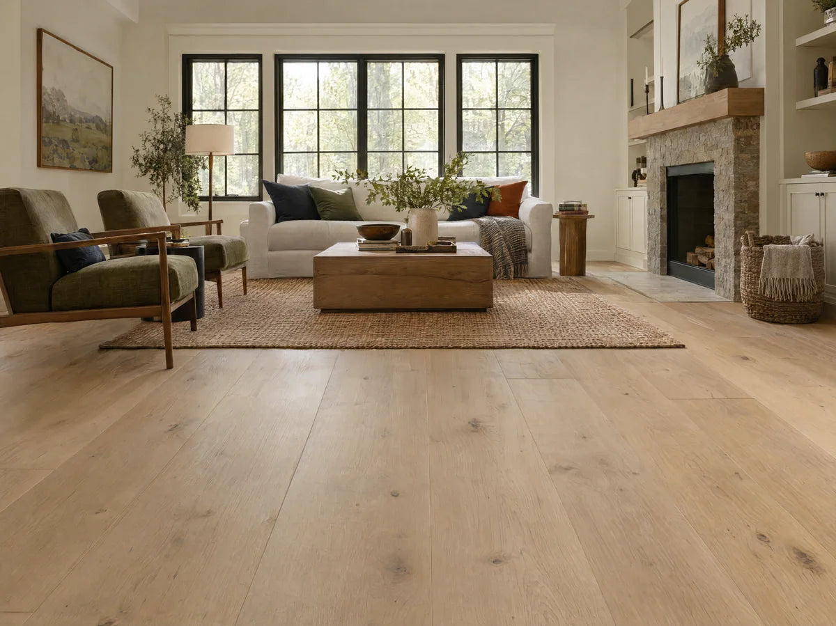 Extra-wide pale oak hardwood planks in a calm contemporary living room, long boards and understated knots, beautiful low-angle natural light.